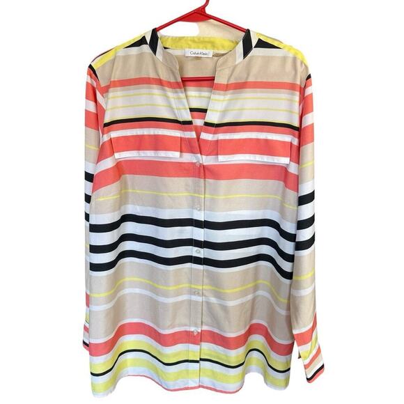 Calvin Klein Women's Long Sleeve Lightweight Casual Button Up Striped Blouse, L - Picture 1 of 9